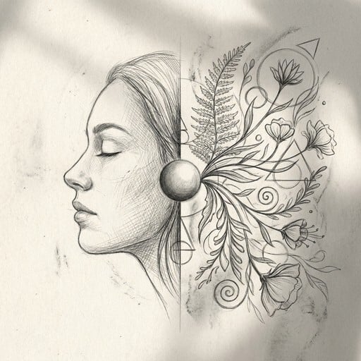 Delicate graphite drawing showcases a peaceful female portrait harmonizing with botanical elements, geometric forms, and symmetrical design on textured paper