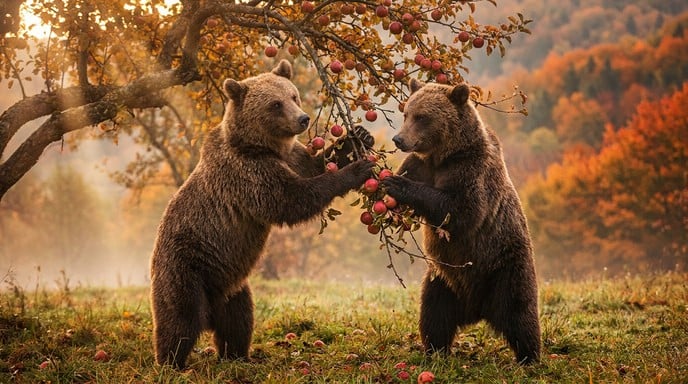 Majestic brown bear stands upright in autumn orchard, carefully reaching for ripe red apples during golden morning light with misty atmosphere.