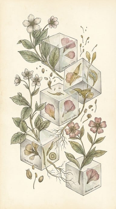 Delicate flowering plants intertwine with translucent geometric cubes in this ethereal botanical illustration featuring muted sage green, dusty rose, and antique gold watercolors.