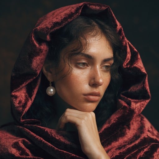 Regal portrait of a thoughtful woman wearing luxurious burgundy velvet, illuminated with warm golden light creating a classical Renaissance painting atmosphere.