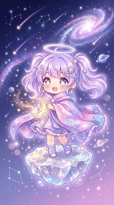 Adorable chibi anime girl floats through starry space wearing a glowing celestial cloak and holding a magical moon lantern radiating stardust