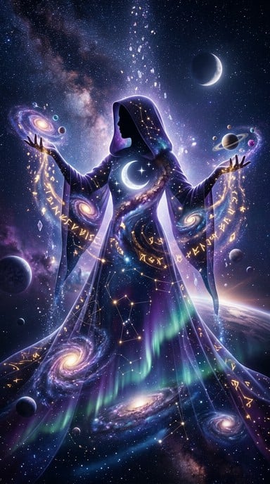 Purple and gold cosmic energy flows through a magical woman's silhouette, with galaxies spiraling from her hands and a crescent moon glowing within.