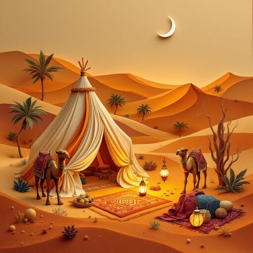 Intricate quilling paper art showcases a nomadic Bedouin desert campsite with camels, tent, and glowing lanterns in warm tones.