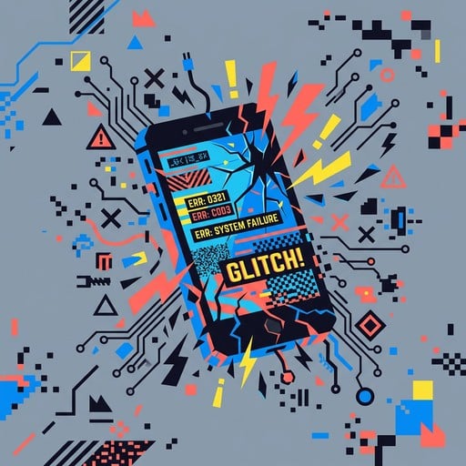 A malfunctioning smartphone bursts with geometric error symbols, broken circuits, and digital fragments in bold electric blue, coral, and yellow colors.