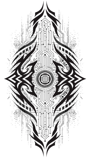 Striking blackwork tattoo design merging intricate digital circuit patterns with bold tribal geometric shapes in high contrast black and white symmetrical composition