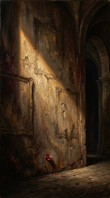Golden light dramatically cuts across weathered cracked wall while solitary wilting flower rests on stone floor creating theatrical contemplative atmosphere