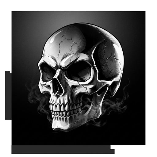 High-contrast black and white skull artwork featuring dramatic lighting, geometric shapes, and mysterious smoke effects throughout the composition.