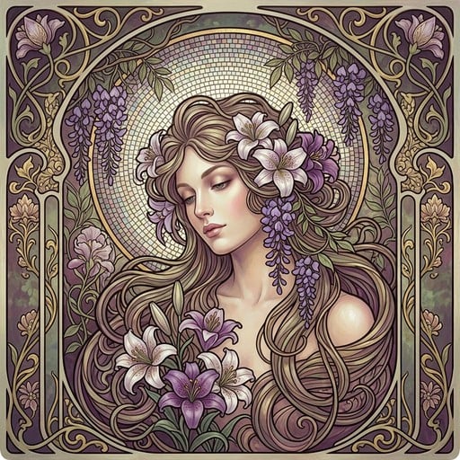 Elegant woman portrait with flowing hair adorned by purple wisteria vines and white lilies in ornate Art Nouveau style with gold accents