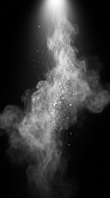 White flour cascades dramatically through black space, creating ethereal clouds of powder suspended in striking monochrome contrast and delicate motion.