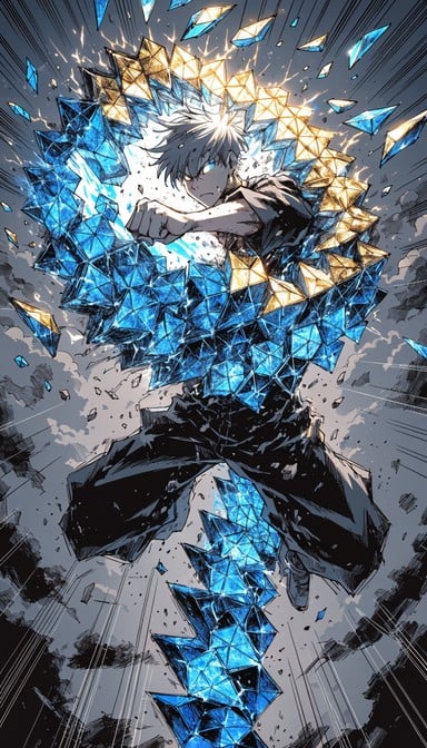 Fierce anime warrior lunges upward through cascading geometric shapes forming living armor, surrounded by electric blue and molten gold energy explosions and debris.