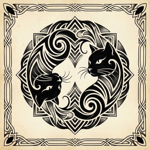 Symmetrical mandala composition showcasing artistic cats in flowing tribal forms with bold black fills and intricate geometric patterns throughout