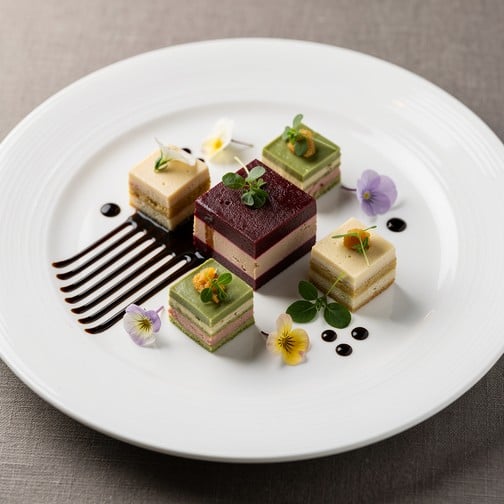 Precisely cut geometric food blocks featuring burgundy beetroot terrine with emerald herbs create an architectural fine dining masterpiece on white porcelain.