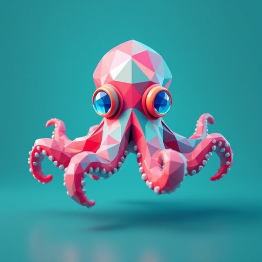 Charming low-poly octopus character features angular geometric tentacles and large crystalline eyes in vibrant teal and coral pink ocean colors with whimsical style