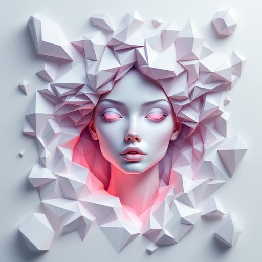 Angular anime face emerges from layered white paper construction, showcasing origami-inspired geometric design with translucent crystalline eyes and cascading triangular hair pieces.