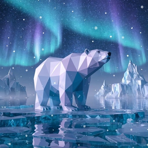 Low-poly polar bear standing on fractured ice beneath glowing aurora borealis in stylized arctic landscape with geometric snowflakes and icy blue tones.