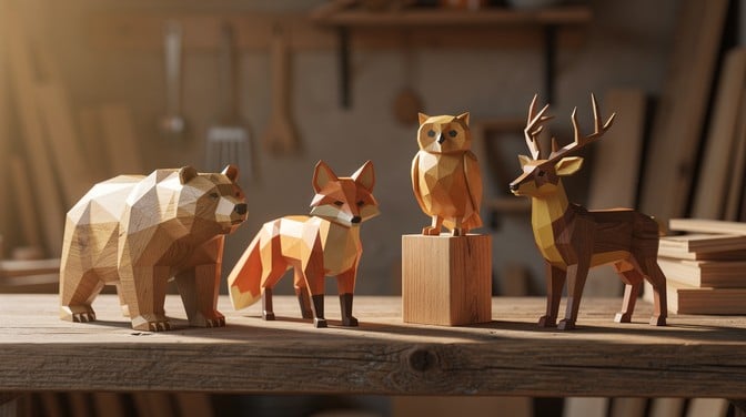 Hand-carved geometric wooden animals featuring faceted bear, fox, owl and deer sculptures in honey and walnut tones on weathered oak shelf