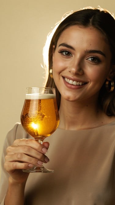 Young woman with warm smile holds golden amber beer glass in inviting gesture against soft cream backdrop with glowing backlight