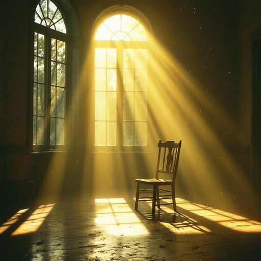 Warm golden sunlight streams through tall arched windows, illuminating dust particles in an empty vintage parlor with weathered wooden chair and honey-colored atmosphere.