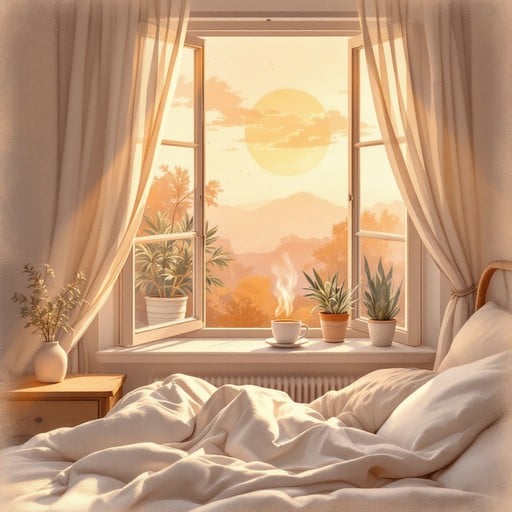 Lofi chalk illustration of a cozy bedroom at sunrise, where soft golden light streams through curtains creating a dreamy, peaceful morning scene.