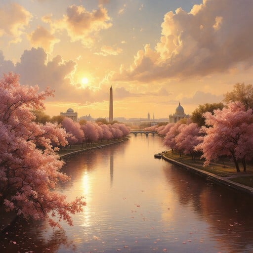 Washington D.C. monuments glow in golden sunset light as cherry blossoms frame the peaceful Potomac River in this romantic oil painting.