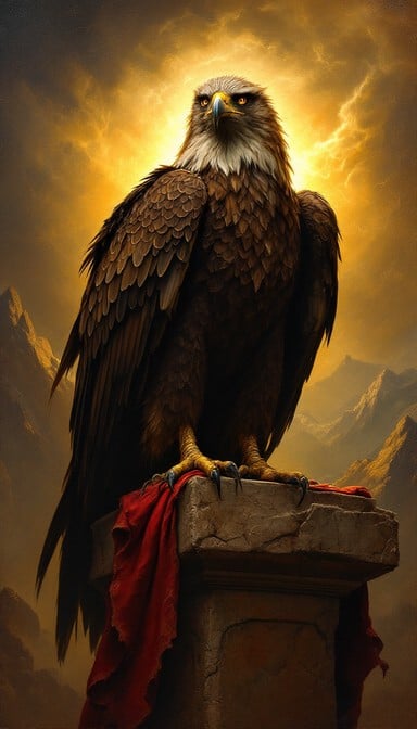 Majestic imperial eagle perched on ancient stone pillar, illuminated by dramatic golden light in Renaissance oil painting style with rich earth tones.