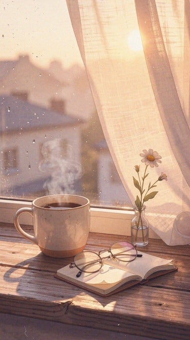 Golden sunrise light streams through sheer curtains illuminating a cozy windowsill scene with coffee, journal, glasses, and a delicate wildflower in morning haze.