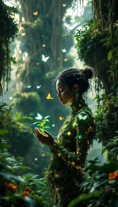 A woman garden expert holds a glowing seedling in a futuristic living laboratory where nature and technology blend perfectly together.