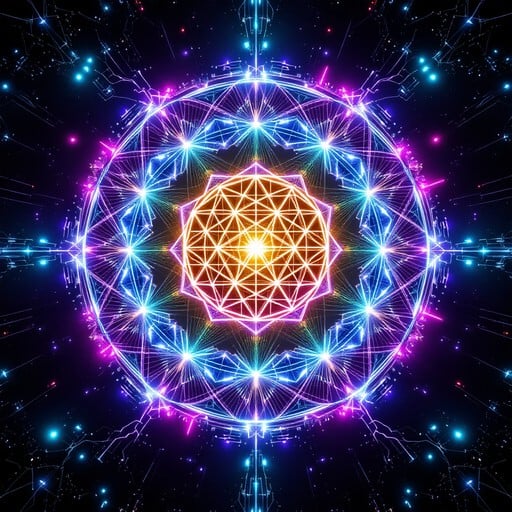 Glowing neon mandala featuring sacred geometry patterns with electric cyan, magenta, and ultraviolet light in cosmic digital arena space.