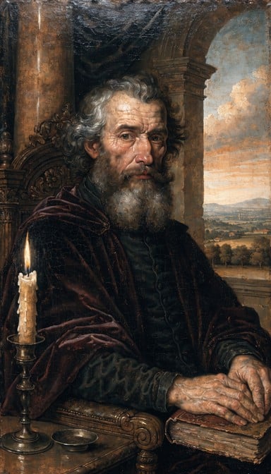 Renaissance-style portrait shows a mature bearded gentleman in burgundy robes illuminated by warm candlelight while studying a leather-bound book