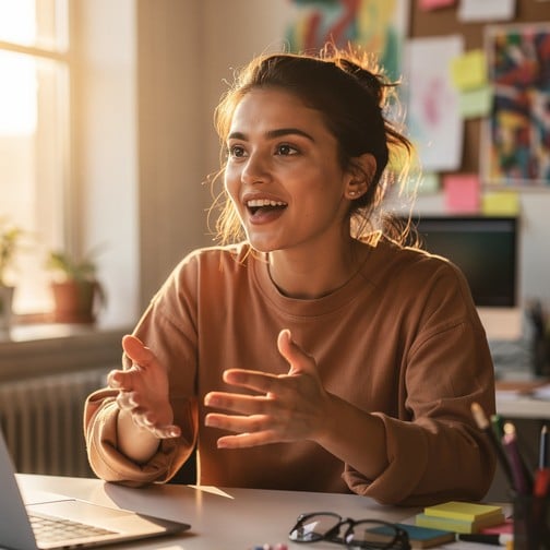 Young woman enthusiastically shares creative ideas in warm golden hour light, her animated gestures and bright smile radiating collaborative energy and professional passion.