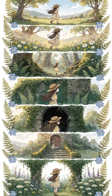 Vertical anime comic panels tell a peaceful afternoon story of a girl exploring emerald green meadows and golden forest gardens