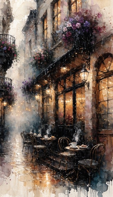 A cozy sidewalk bistro with steaming coffee cups sits along a wet cobblestone alley adorned with colorful hanging flowers and glowing lights