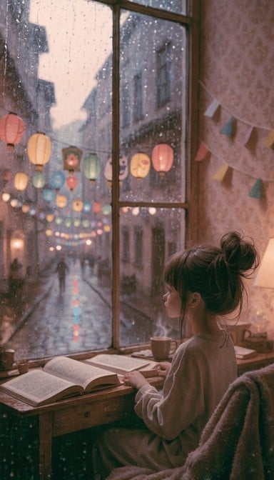 A girl watches a colorful lantern procession from her cozy study nook during a rainy dusk, surrounded by books and warm light.