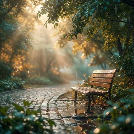 A peaceful wooden bench waits along a wet cobblestone path in a lush green park during a gentle summer morning rain shower.