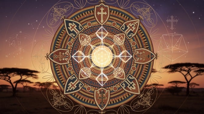 Sacred geometric mandala inspired by Maasai beadwork and Ethiopian symbols radiates with golden, indigo, and ochre patterns against an African sunset landscape.