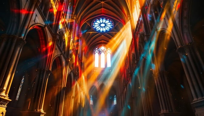 Dramatic shafts of colored light pour through stained glass windows, illuminating a majestic gothic cathedral with brilliant crimson, cobalt, and golden hues.