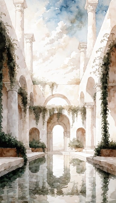 Elegant minimalist courtyard features arched doorways, reflecting pool, cascading vines, and warm golden-hour light creating peaceful atmosphere.