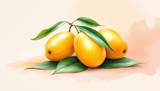 Artistic watercolor illustration featuring luscious golden mangoes on tropical foliage, radiating warmth through soft amber and coral tones.