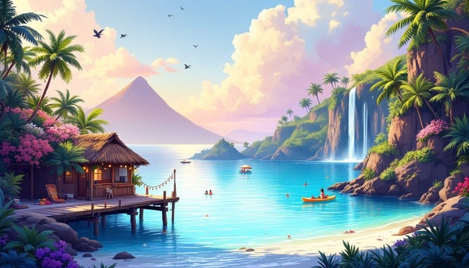 Pixel art illustration of a serene coastal paradise featuring crystal-clear turquoise water, lush vegetation, cascading waterfalls, and golden hour lighting effects.
