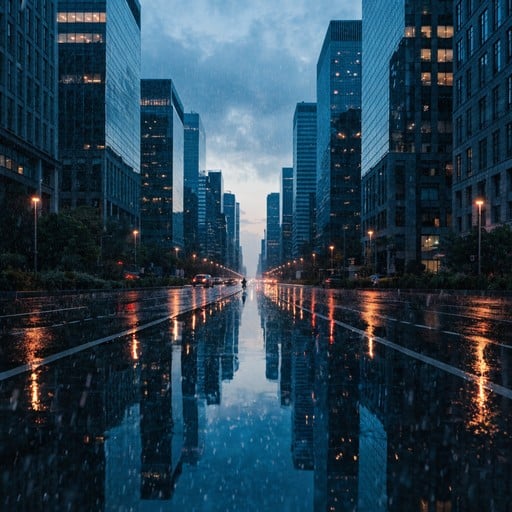 Symmetrical city boulevard at twilight with rain-soaked streets reflecting warm streetlights and cool evening sky creating dramatic urban atmosphere.