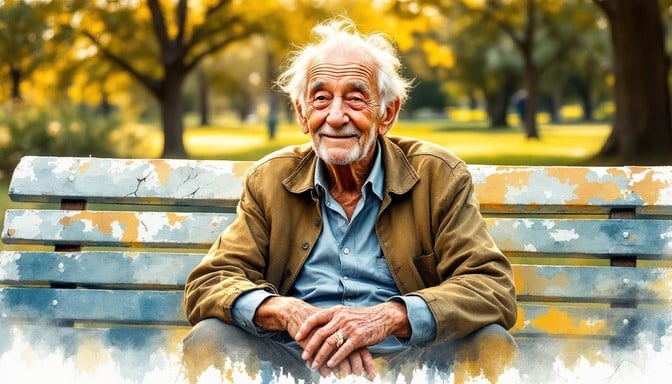 Elderly man sits peacefully on weathered park bench in this expressive watercolor portrait painted with warm golden hour tones and earth colors.