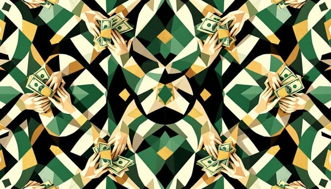 Geometric art deco pattern featuring tessellated hands gripping stylized dollar bills in emerald green, gold, white, and black color scheme with luxury appeal
