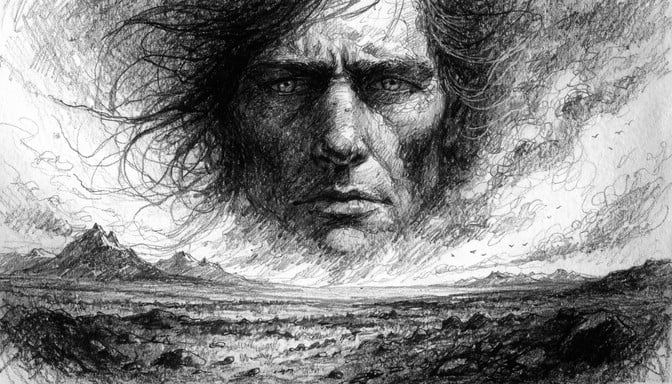 Detailed graphite portrait of a rugged male explorer with windblown hair gazing across vast wild landscapes and mountain ranges